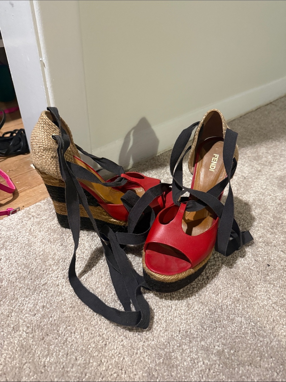 Fendi Red Leather Espadrille Wedges with Black Wrap Ties
